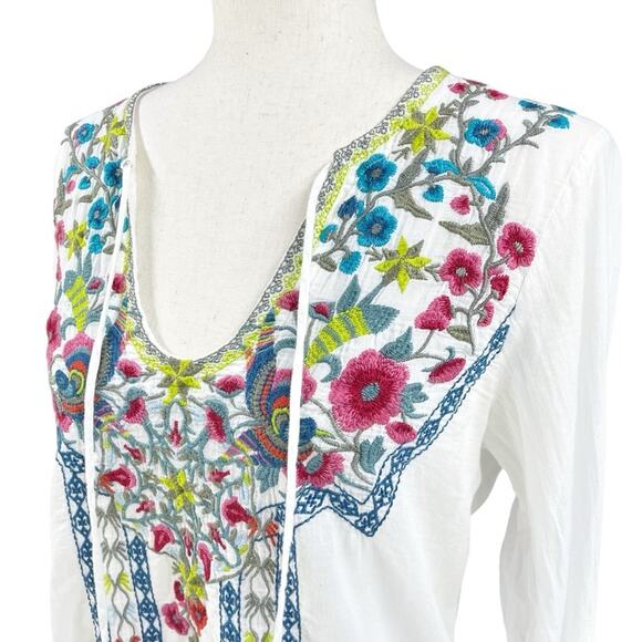 BIYA by JOHNNY WAS Floral Embroidered White Keyhole Neck 100% Cotton Tunic Sz S - Picture 2 of 10
